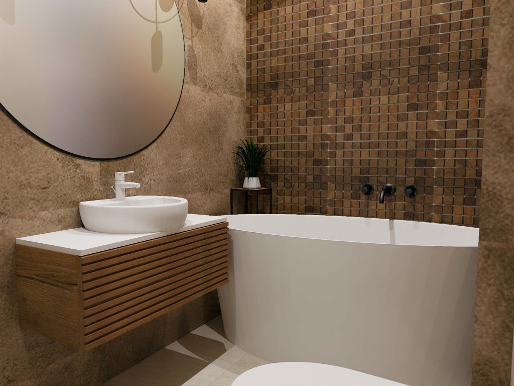 Nowoczesna łazienka z owalną umywalką nablatową na szafce z drewnianymi lamelami, okrągłe lustro z podświetleniem, wolnostojąca wanna i mozaika z drewnianych kostek na ścianie.
