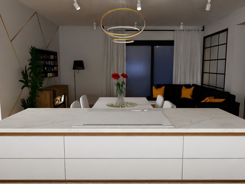 Nowoczesna kuchnia z białymi frontami, marmurowym blatem i wbudowaną płytą indukcyjną, widok na salon z czarną sofą i żółtymi poduszkami, oświetlenie sufitowe z okrągłymi lampami.