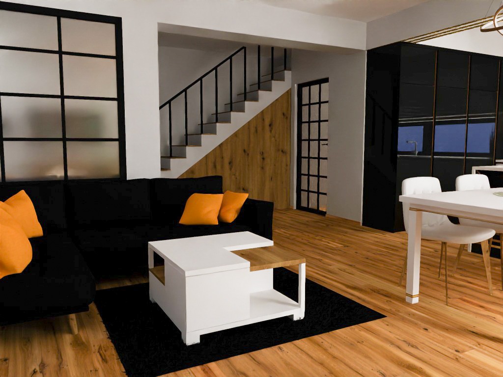Nowoczesny salon z czarną sofą narożną, pomarańczowymi poduszkami, białym stolikiem kawowym na czarnym dywanie, schodami z drewnianą okładziną i czarną balustradą oraz białym stołem jadalnym...