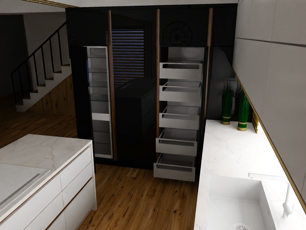 Nowoczesna kuchnia z czarnymi szafkami w zabudowie, wysuwanymi półkami cargo, białym blatem z marmurowym wzorem i minimalistycznym zlewem, uzupełniona o drewnianą podłogę i schody w tle.