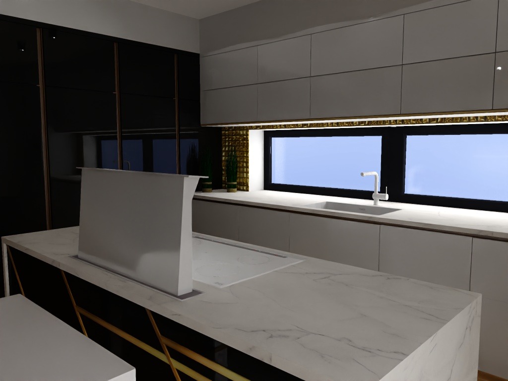 Wizualizacja nowoczesnej kuchni z wyspą i wbudowanym okapem, białe szafki z czarnymi akcentami, marmurowy blat, okno z widokiem na zewnątrz.
