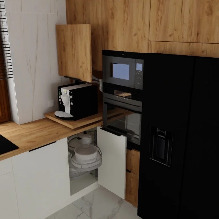 Nowoczesna kuchnia z drewnianymi frontami szafek górnych, czarną lodówką i piekarnikiem w zabudowie, ekspres do kawy na blacie oraz otwartą szafką narożną z półkami obrotowymi.