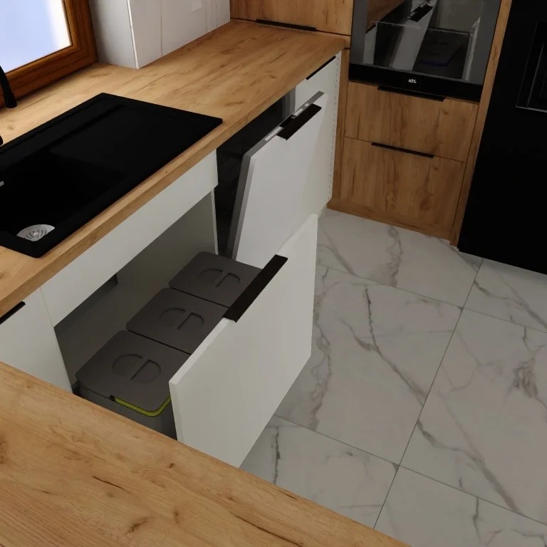 Nowoczesna kuchnia z drewnianym blatem i białymi szafkami, z wysuwanym systemem segregacji odpadów z trzema pojemnikami oznaczonymi literami B, C, D.