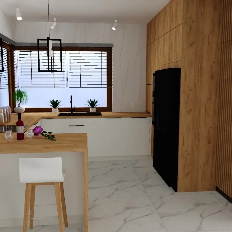 Nowoczesna kuchnia z białymi szafkami i drewnianym blatem, czarna lodówka, okno z żaluzjami, marmurowa podłoga, minimalistyczny wystrój, butelka wina i kieliszki na blacie.