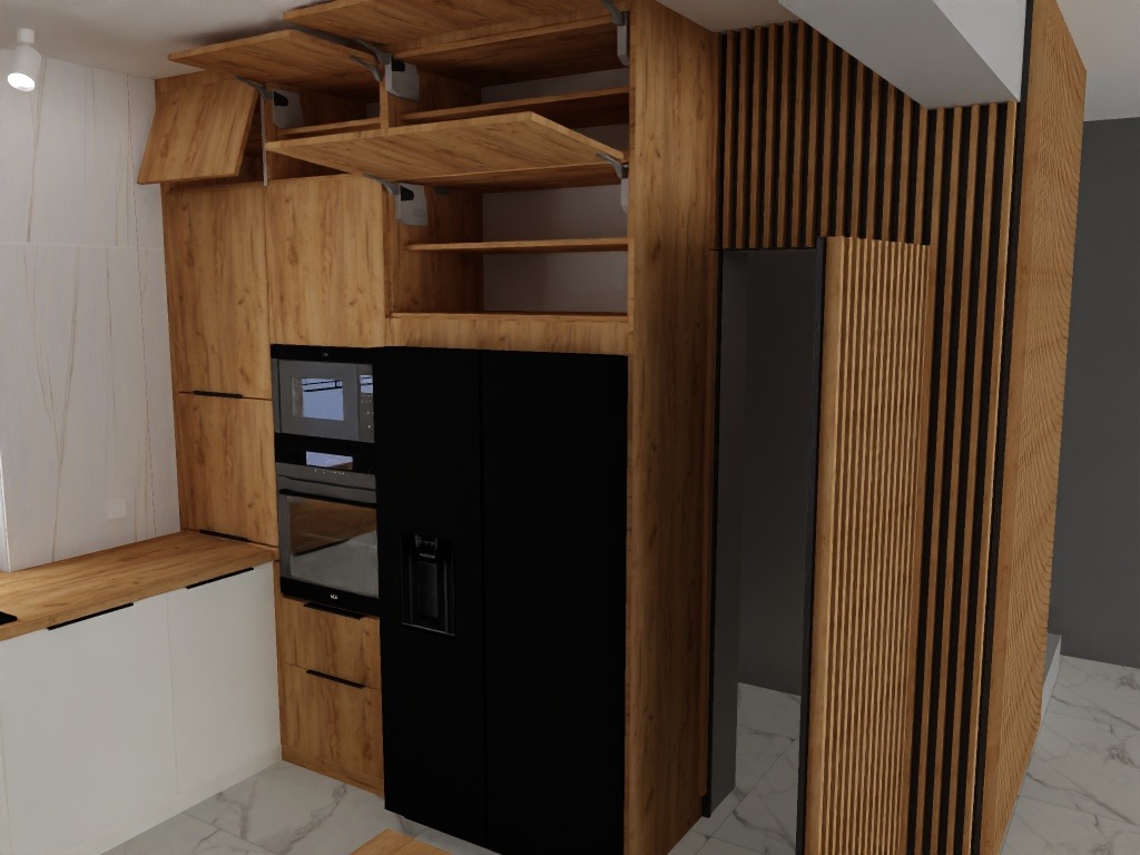 Nowoczesna kuchnia: zabudowa z drewnopodobnych frontów, czarny sprzęt AGD, szafki górne z podnośnikami, dekoracyjne lamele drewniane na ścianie.