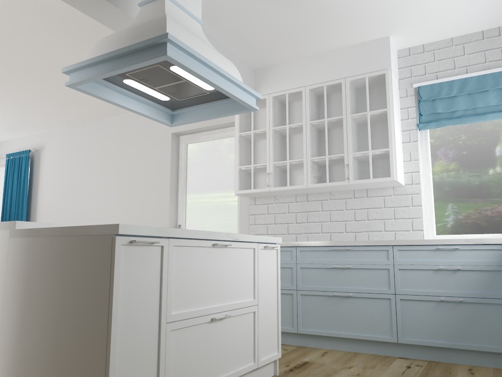Jasna kuchnia z białymi szafkami górnymi z przeszkleniami, błękitnymi szafkami dolnymi, wyspą kuchenną i okapem w stylu retro z błękitnymi akcentami, na tle ceglanej ściany.