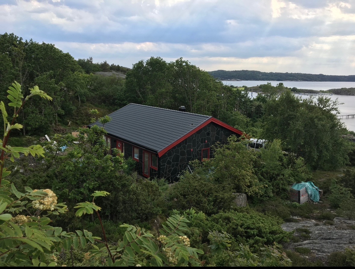 Niewielki dom z czarną elewacją imitującą kamień i czerwonymi obramowaniami okien i dachu, otoczony bujną zielenią i widokiem na jezioro w oddali.