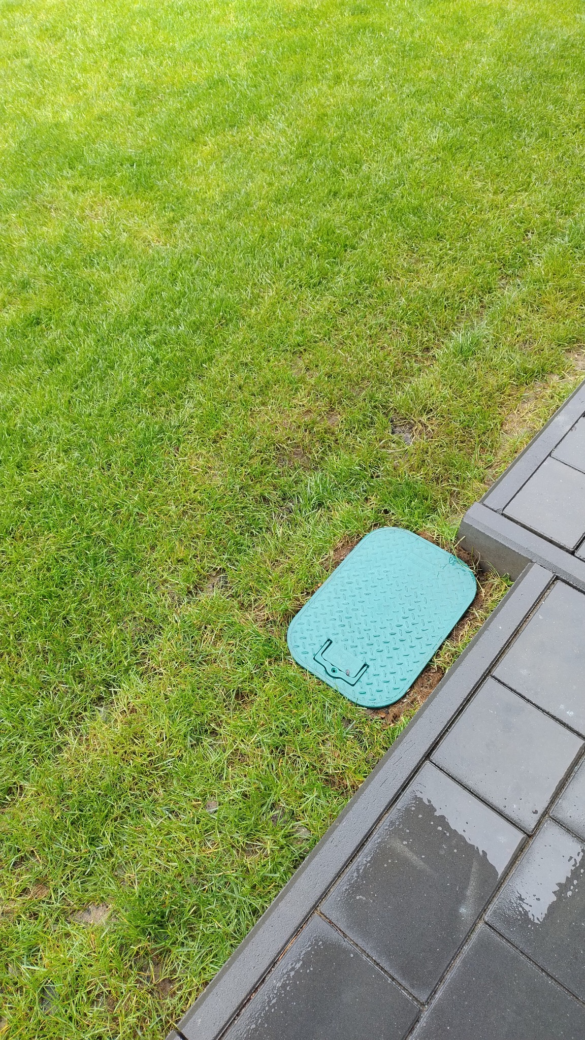 Zielony właz inspekcyjny ukryty w trawniku, obok ułożona szara kostka brukowa.