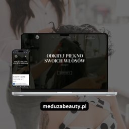 Szymon Janiszewicz Digital - Responsywna strona internetowa salonu fryzjerskiego na laptopie i smartfonie, prezentująca ofertę 'Odkryj piękno swoich włosów' z możliwością rezerwacji terminu.