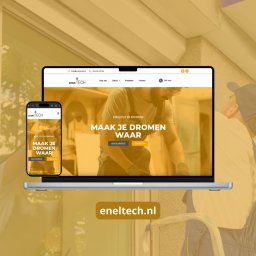 Szymon Janiszewicz Digital - Responsywna strona internetowa Eneltech.nl na laptopie i smartfonie, prezentacja usług firmy z Grajewa. Widoczny motyw graficzny i układ strony.