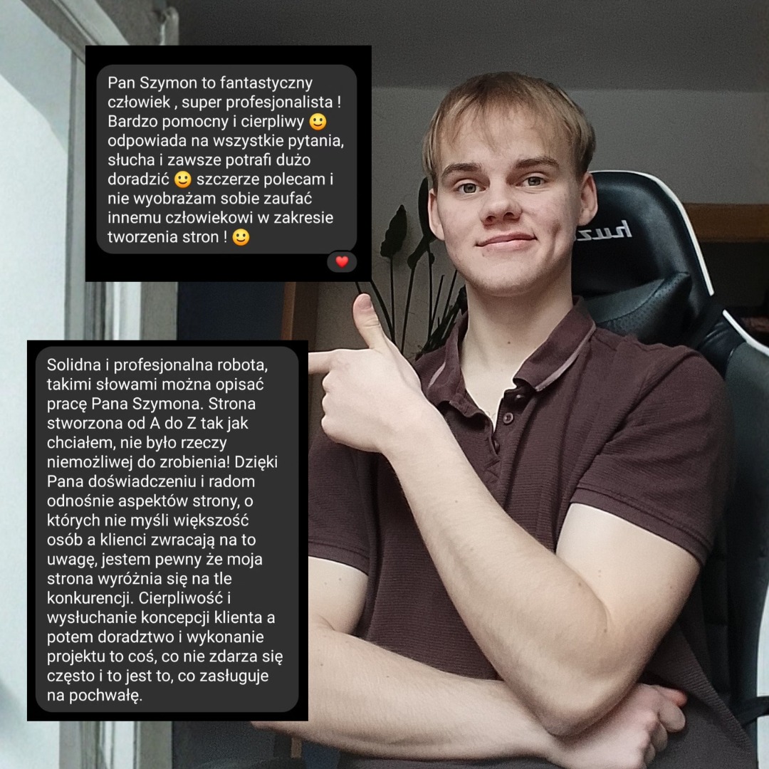 Młody mężczyzna z pozytywnym gestem kciuka w górę, otoczony dymkami z pozytywnymi opiniami o tworzeniu stron. Fotografia z elementami rekomendacji.