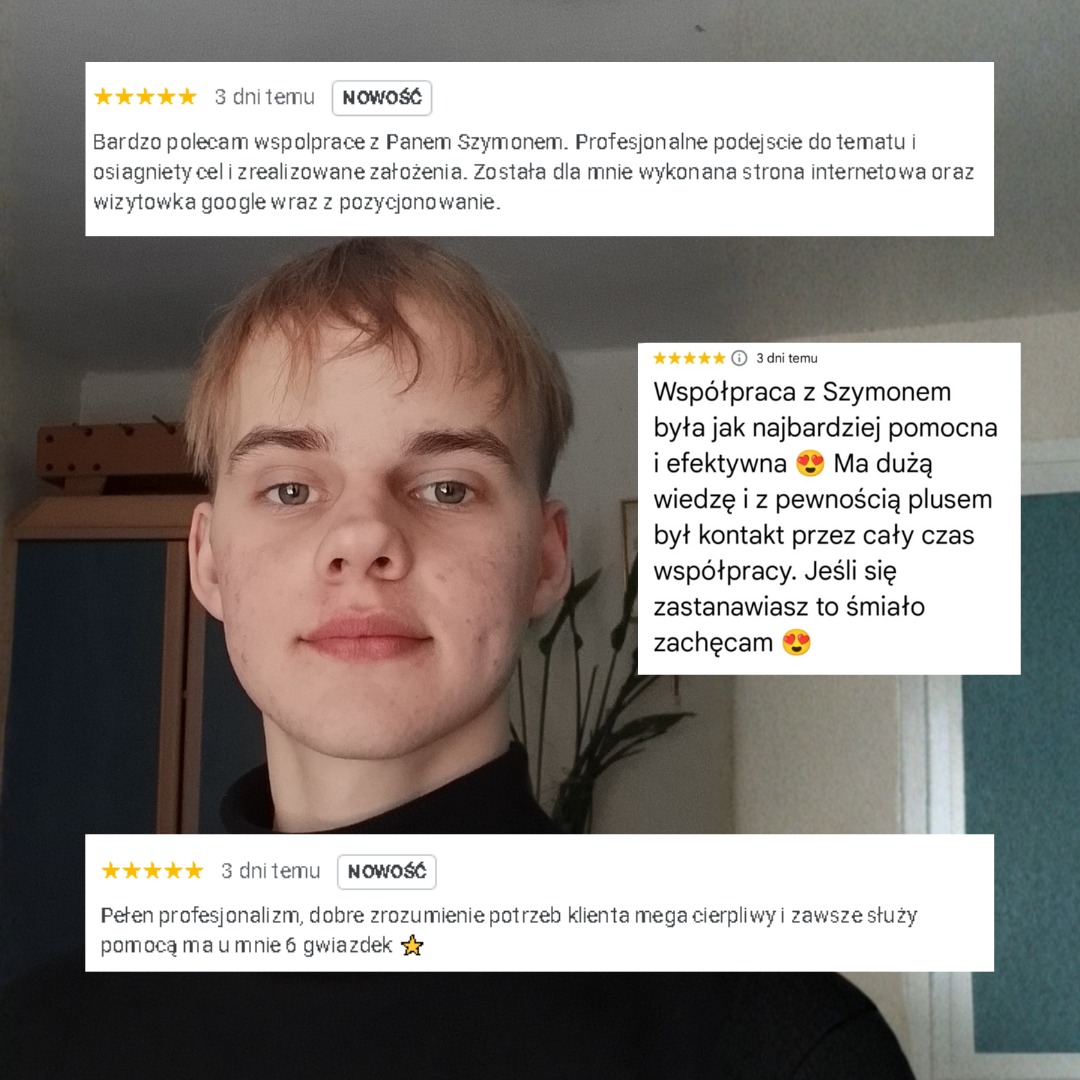Portret młodego mężczyzny otoczonego pozytywnymi opiniami o współpracy, wspominającymi o stronie internetowej, wizytówce Google i pozycjonowaniu. Rekomendacje z gwiazdkami.