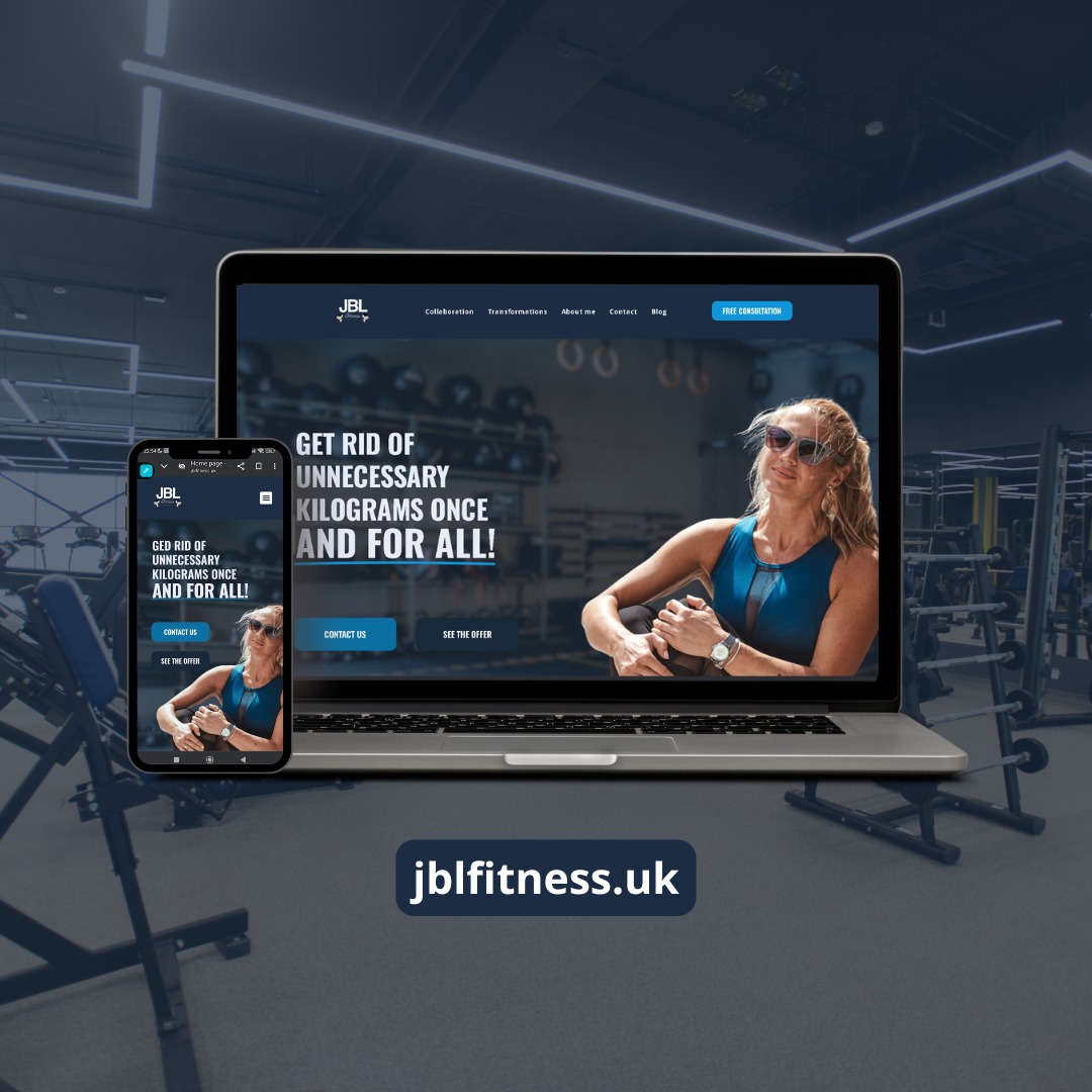 Responsywna strona JBL Fitness na laptopie i smartfonie, prezentująca ofertę 'Pozbądź się zbędnych kilogramów raz na zawsze!' na tle siłowni.