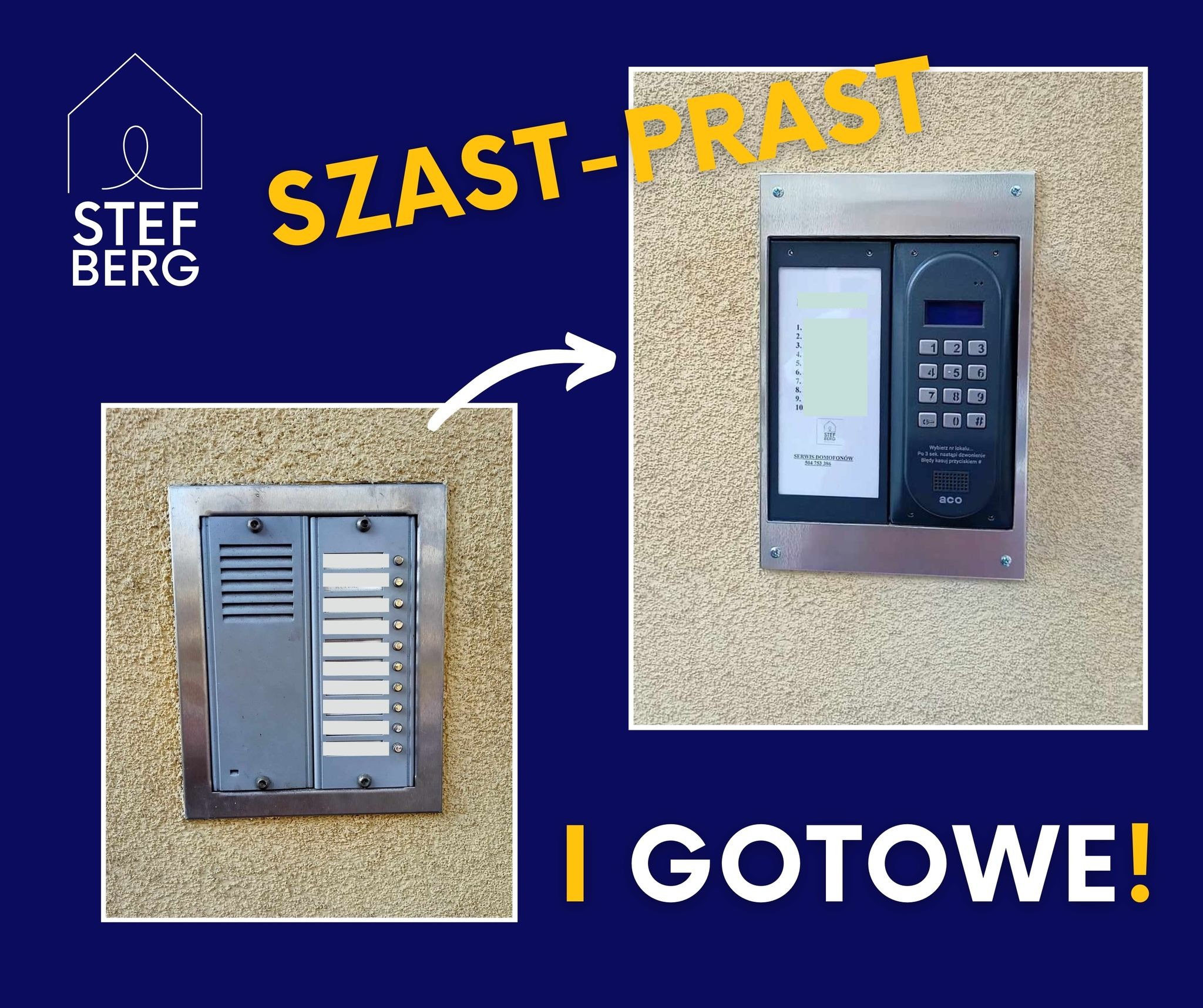 Porównanie starego i nowego systemu kontroli dostępu w Bytomiu, prezentujące zamontowany panel z przyciskami i listą lokatorów obok nowoczesnego panelu z klawiaturą numeryczną i wyświetlaczem.