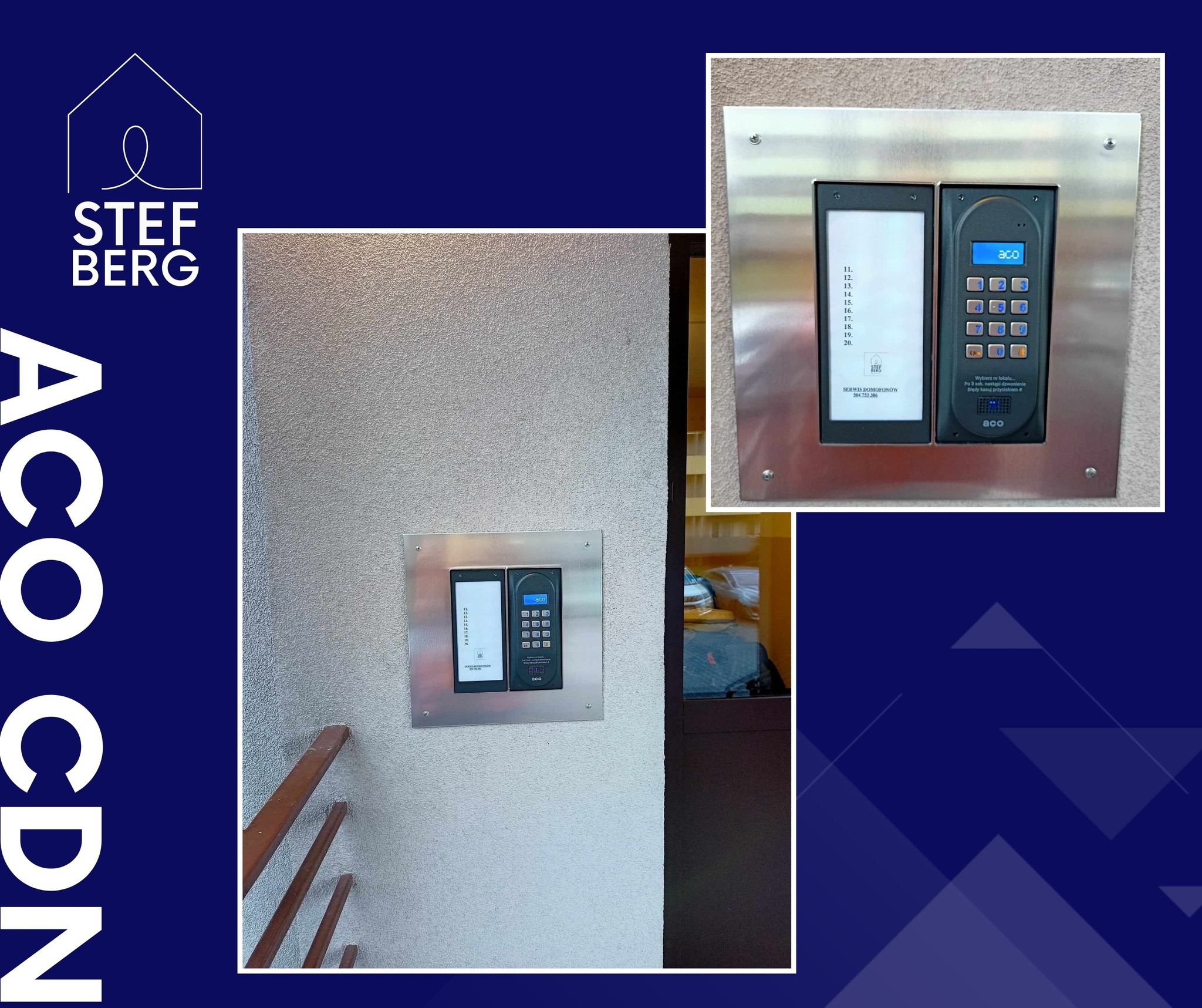 Panel wejściowy z klawiaturą numeryczną i listą lokatorów, zamontowany na ścianie wewnątrz budynku, obok schodów z drewnianą balustradą.