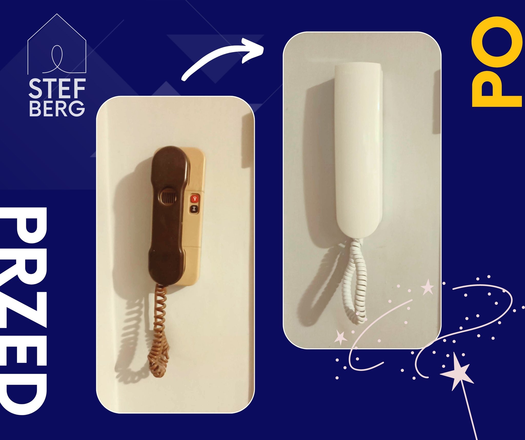 Porównanie starego brązowego i nowego białego aparatu komunikacyjnego na ścianie, z logo firmy Stef Berg w lewym górnym rogu.