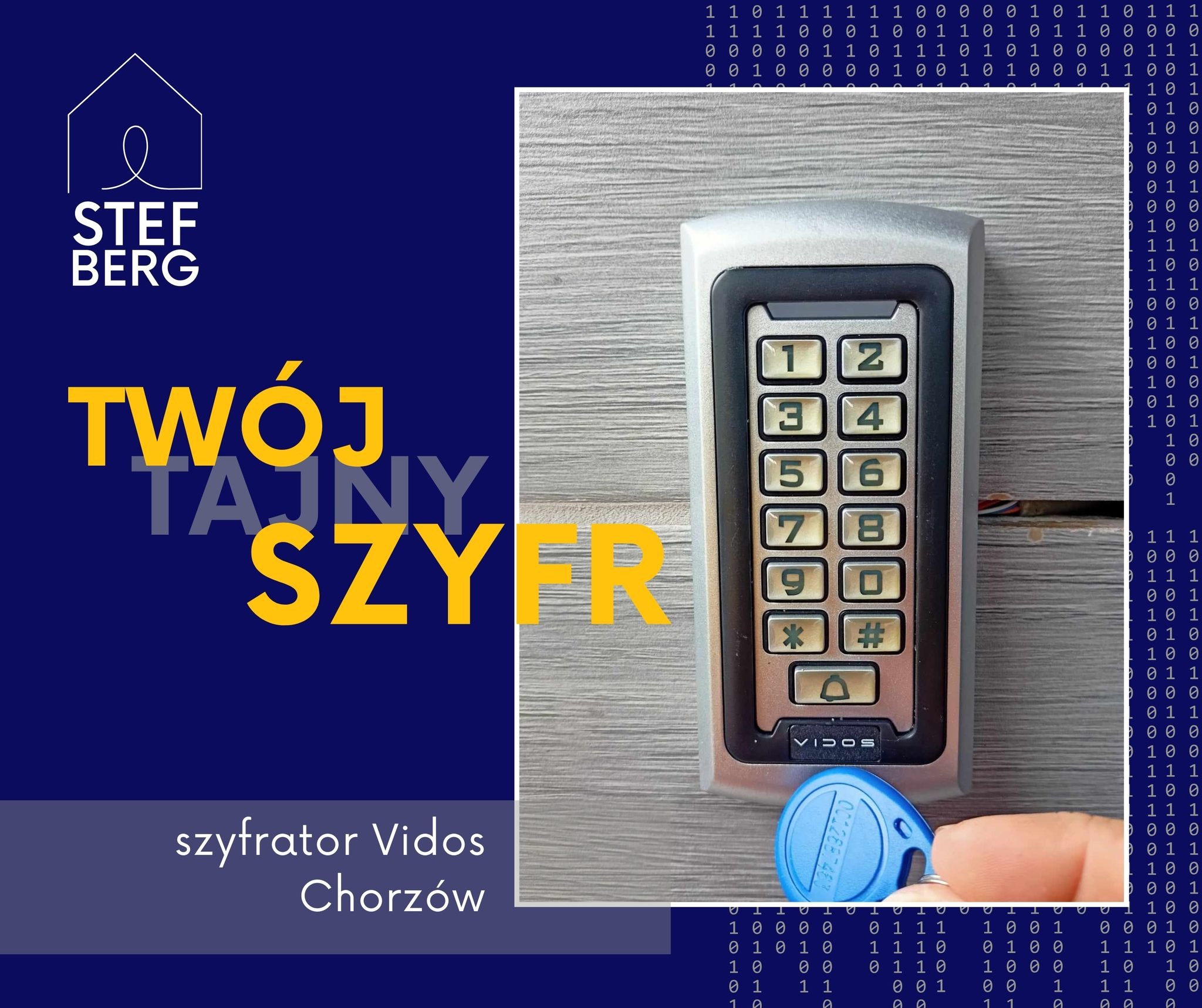 Srebrny panel numeryczny domofonu Vidos z przyciskiem zbliżeniowym, zamontowany na szarej ścianie, z widocznym niebieskim brelokiem zbliżeniowym.