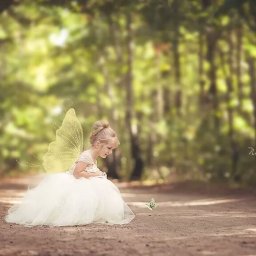 NAJKA SPÓŁKA Z OGRANICZONĄ ODPOWIEDZIALNOŚCIĄ - Dziewczynka w białej sukience i ze skrzydłami motyla siedzi na leśnej ścieżce, obserwując motyla.