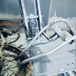 Rama motocykla z elementami zawieszenia i kołem po obróbce, pokryta świeżą warstwą srebrnej farby w warsztacie.