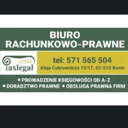 Szyld Biura Rachunkowo-Prawnego JMM Taxlegal z numerem telefonu i adresem w Koninie, oferującego prowadzenie księgowości od A do Z oraz doradztwo i obsługę prawną firm.