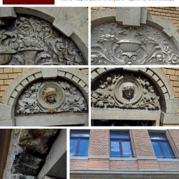 Piotr Kaczmarek - Detale architektoniczne fasady kamienicy w Poznaniu przed i po renowacji, ukazujące dekoracyjne elementy z piaskowca i cegły, w tym płaskorzeźby nad oknami i odnowione spoiny.