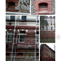 Piotr Kaczmarek - Renowacja ceglanej elewacji kamienicy z użyciem rusztowań; widoczne detale architektoniczne przed i po czyszczeniu oraz uzupełnianiu ubytków.