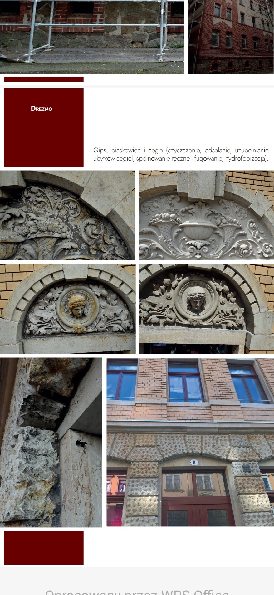 Detale architektoniczne fasady kamienicy w Poznaniu przed i po renowacji, ukazujące dekoracyjne elementy z piaskowca i cegły, w tym płaskorzeźby nad oknami i odnowione spoiny.