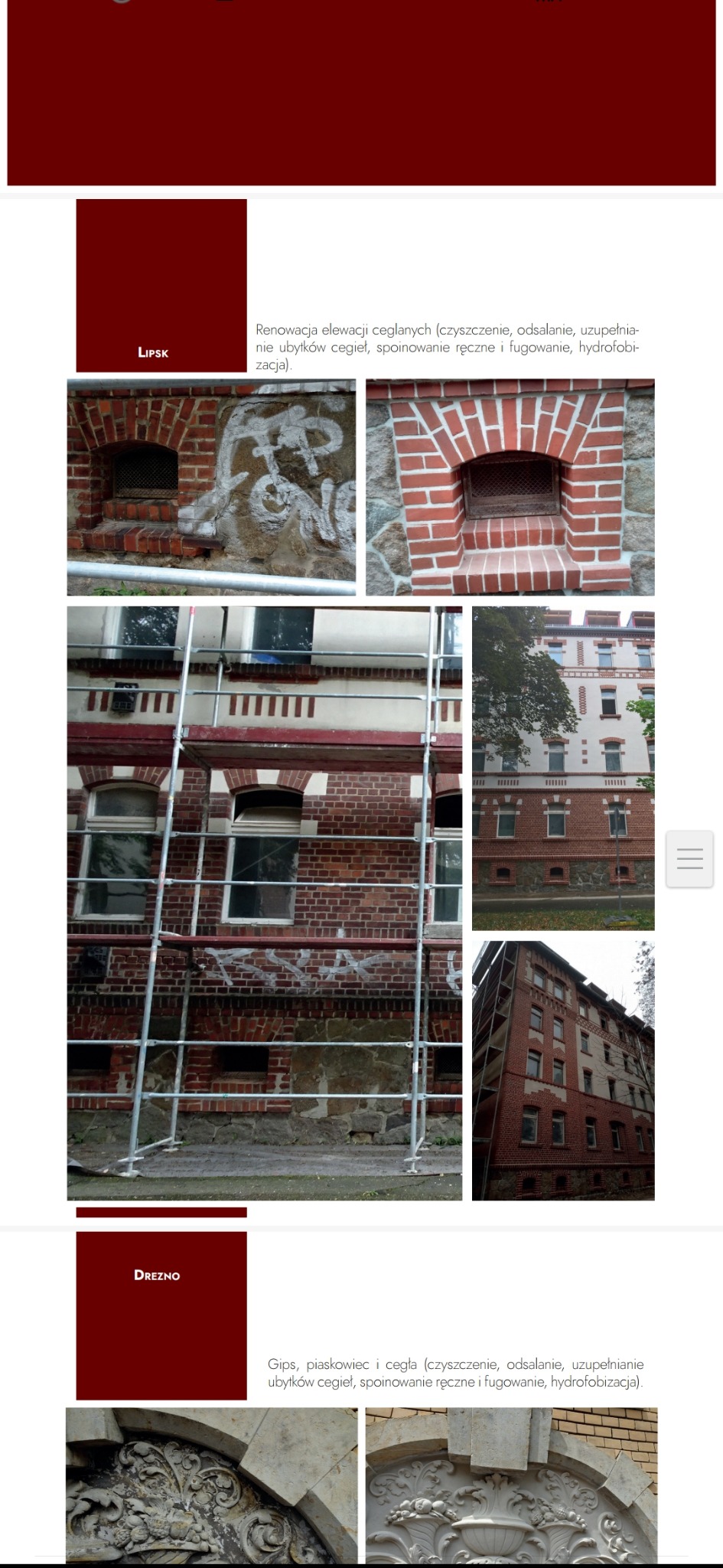 Renowacja ceglanej elewacji kamienicy z użyciem rusztowań; widoczne detale architektoniczne przed i po czyszczeniu oraz uzupełnianiu ubytków.