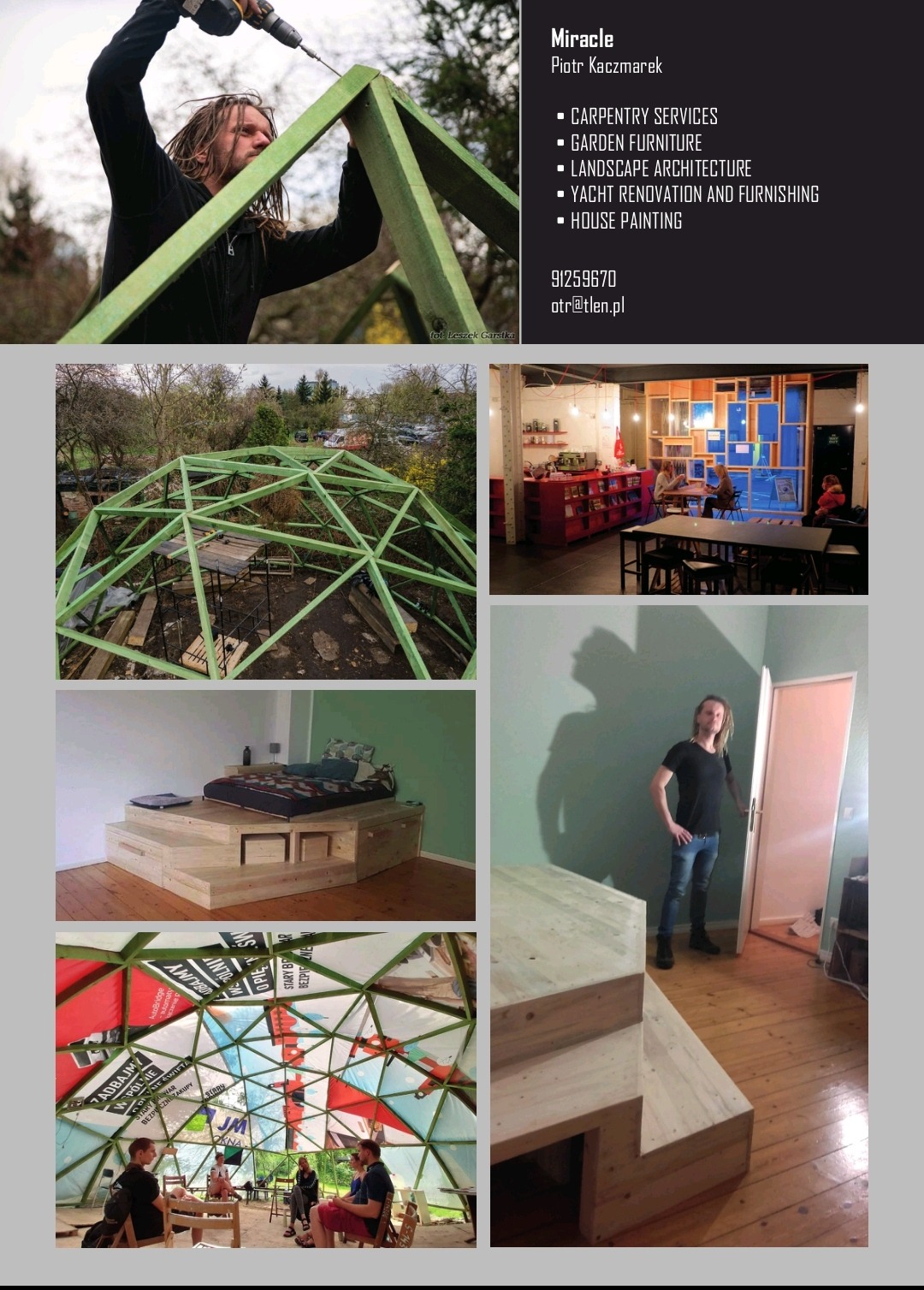 Mężczyzna w trakcie montażu drewnianej konstrukcji z zielonymi elementami, używając wkrętarki. Konstrukcja przypomina szkielet przyszłej altany lub innej budowli ogrodowej.