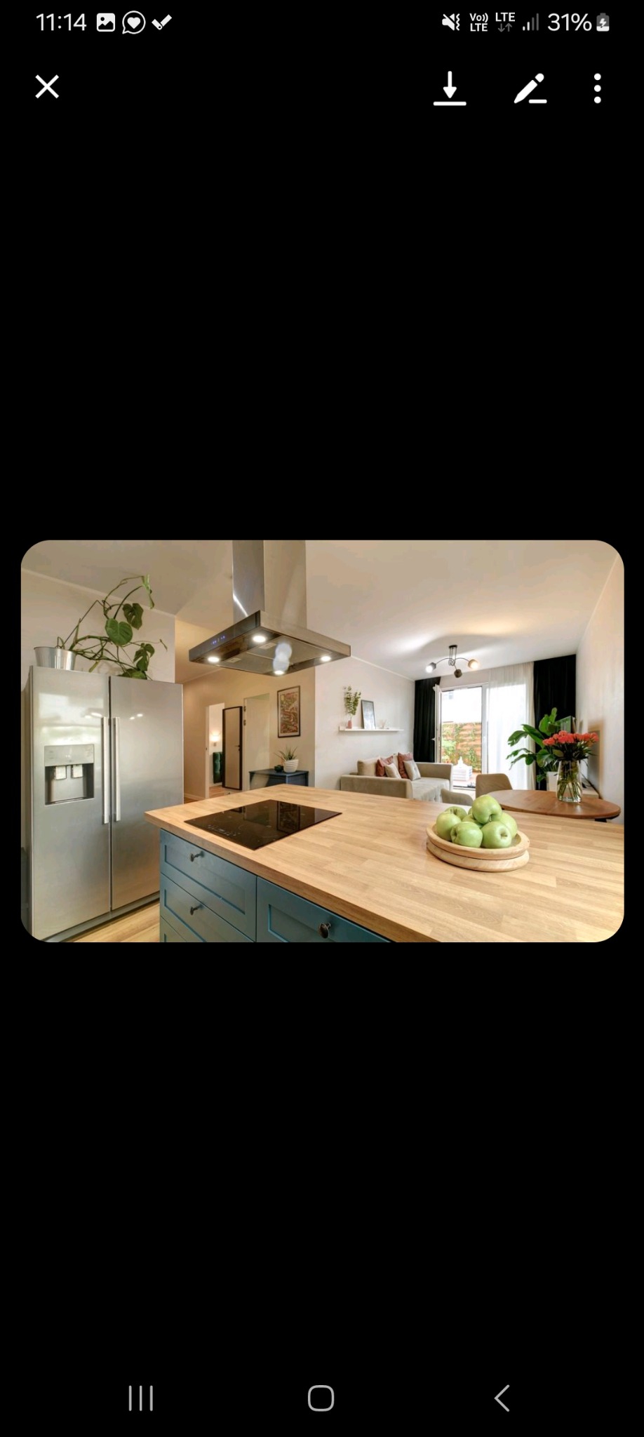 Nowoczesna kuchnia z wyspą, drewnianym blatem i indukcyjną płytą grzewczą, widok na salon z sofą i roślinami doniczkowymi.