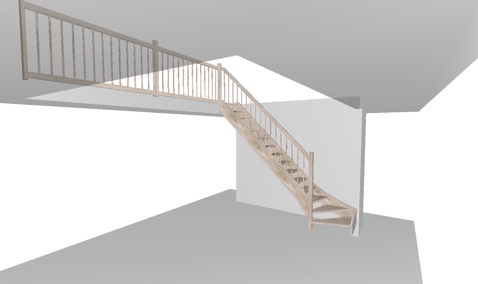 Wizualizacja schodów drewnianych z balustradą, widok z dołu, perspektywa trójwymiarowa.