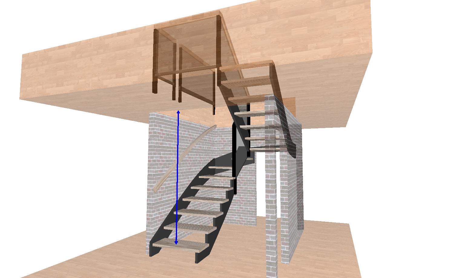 Wizualizacja 3D schodów drewnianych z metalową konstrukcją, prowadzących na antresolę, z błękitną strzałką wskazującą wysokość, na tle ściany z cegły.