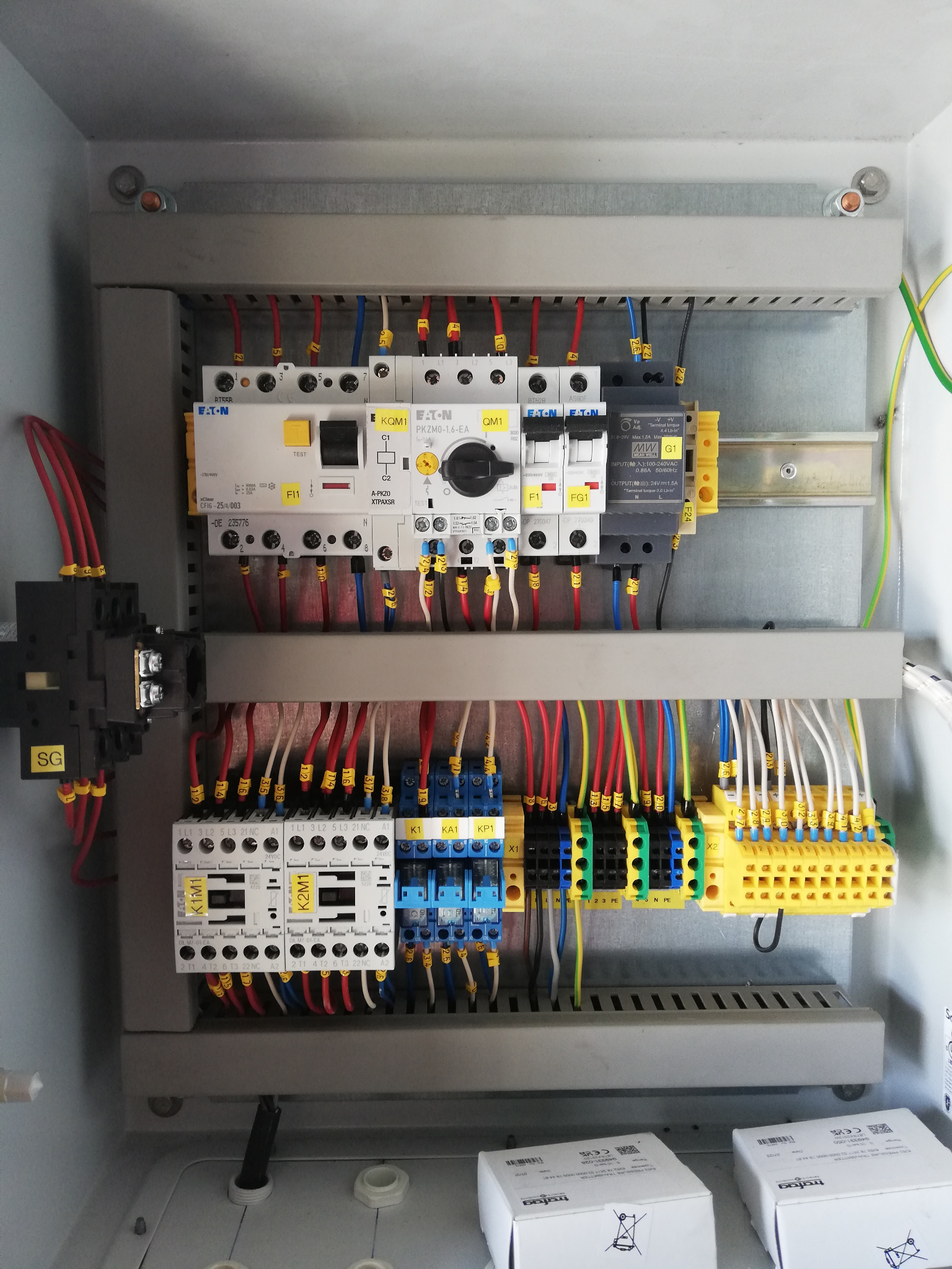 Otwarta szafa elektryczna z widocznymi bezpiecznikami, stycznikami, listwami zaciskowymi i okablowaniem oznaczonym numerami, z dwoma pudełkami komponentów na dole.