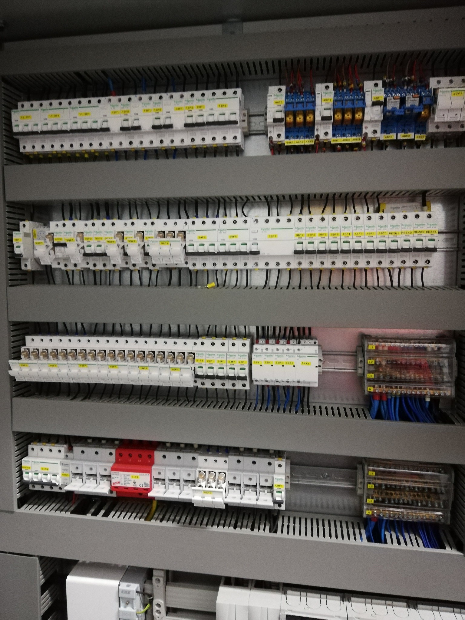 Rozdzielnica elektryczna z zainstalowanymi bezpiecznikami, wyłącznikami różnicowoprądowymi i listwami zaciskowymi, uporządkowane okablowanie w szarym panelu.