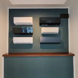 Ekspozycja klimatyzatorów różnych marek i kolorów (biały, czarny, szary) zamontowanych na ścianie w pomieszczeniu, pod drewnianą półką.