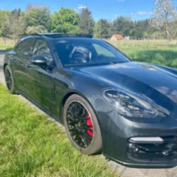 Czarny Porsche Panamera Sport Turismo na trawie, z widocznymi czerwonymi zaciskami hamulcowymi i czarnymi felgami. Słoneczny dzień, drzewa w tle.