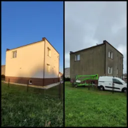 Zdjęcie przedstawia porównanie stanu budynku przed i po renowacji elewacji. Po lewej stronie budynek z jasną, świeżo pomalowaną elewacją w słoneczny dzień. Po prawej stronie ten sam budynek przed...