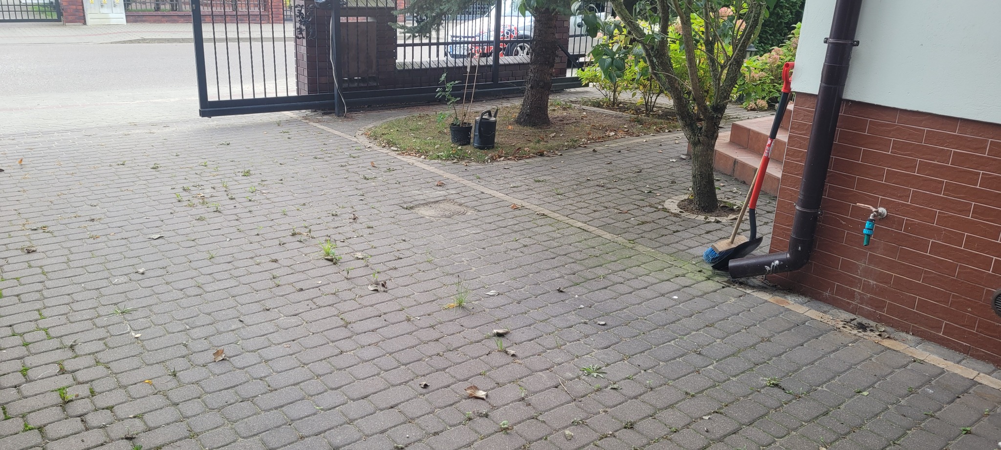 Szara kostka brukowa z widocznymi chwastami i liśćmi, przy ścianie budynku z rynną i kranem, obok leżą szufelka i miotła.