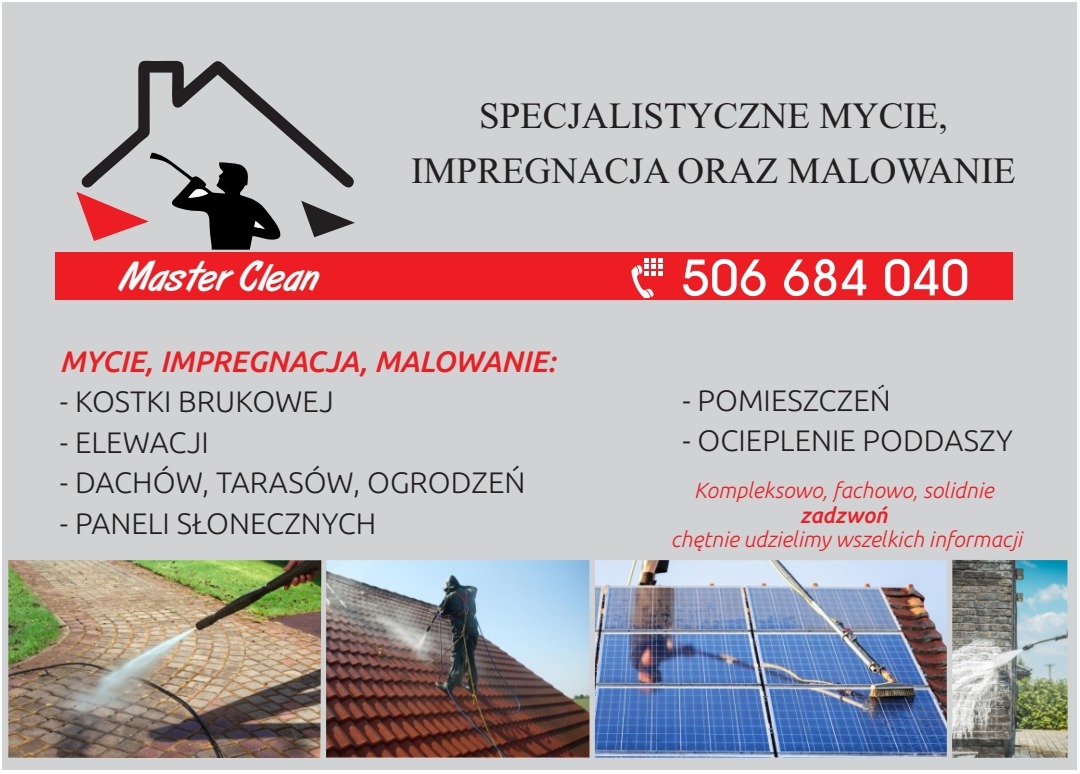 Grafika reklamowa firmy Master Clean oferującej specjalistyczne mycie, impregnację i malowanie kostki brukowej, elewacji, dachów, tarasów, ogrodzeń, paneli słonecznych, pomieszczeń i ocieplenia...