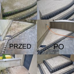 MB Przedsiębiorstwo Usługowe Maciej Mastalerczuk - Kompozycja zdjęć 'przed i po' prezentująca czyszczenie kostki brukowej na tarasie i schodach, z widocznymi zabrudzeniami i porostami przed czyszczeniem oraz czystą powierzchnią po zabiegu,...