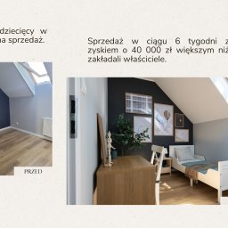 up Home Staging Urszula Petkowska - Pokój dziecięcy przed i po home stagingu: puste wnętrze z grzejnikiem kontra przytulna aranżacja z biurkiem, łóżkiem i dekoracjami. Sprzedaż w 6 tygodni z zyskiem 40 tys. zł.