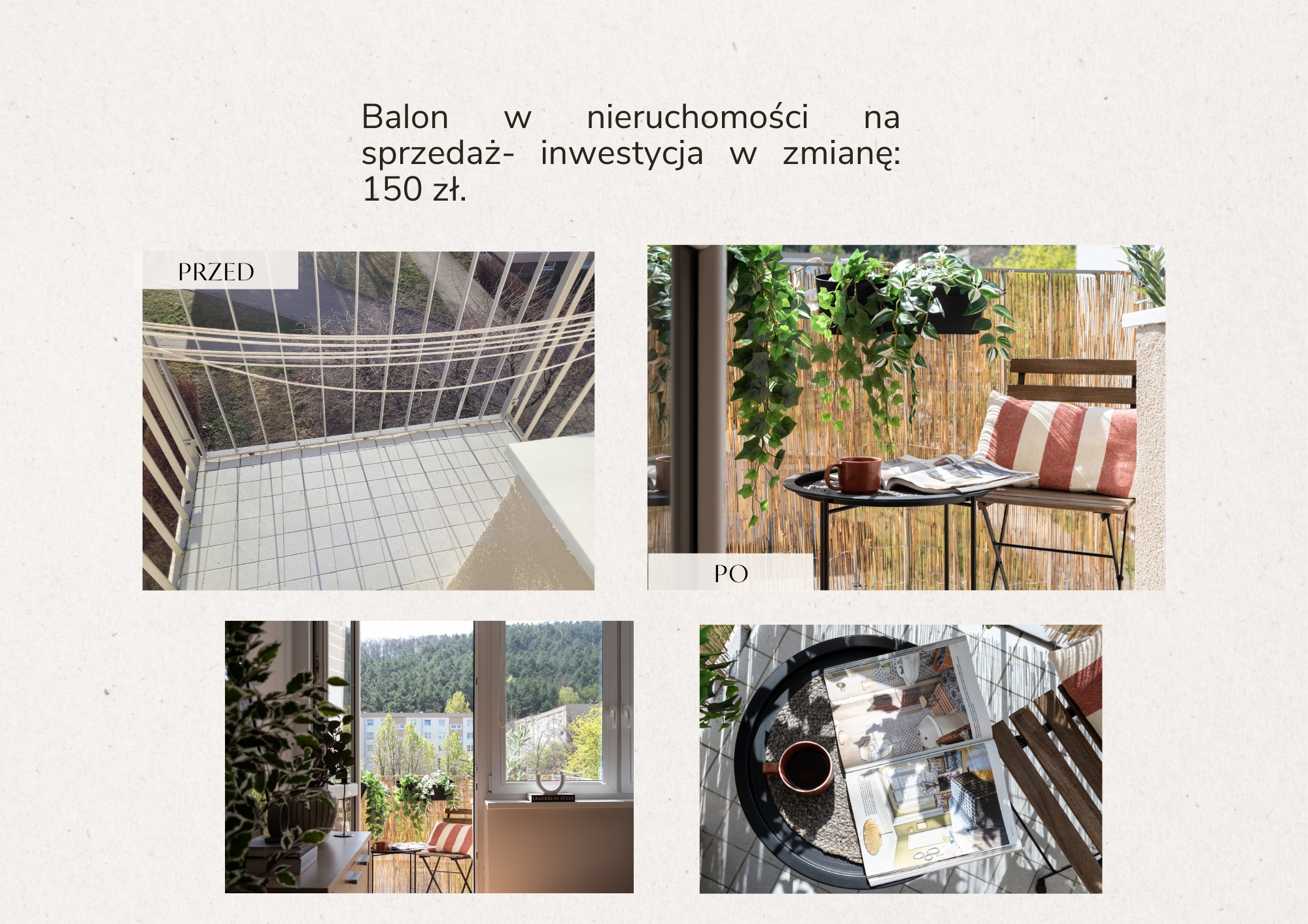 Balkon przed i po: surowa przestrzeń z metalową barierką kontra przytulny kącik z bambusową osłoną, roślinami i meblami ogrodowymi. Inwestycja w zmianę.