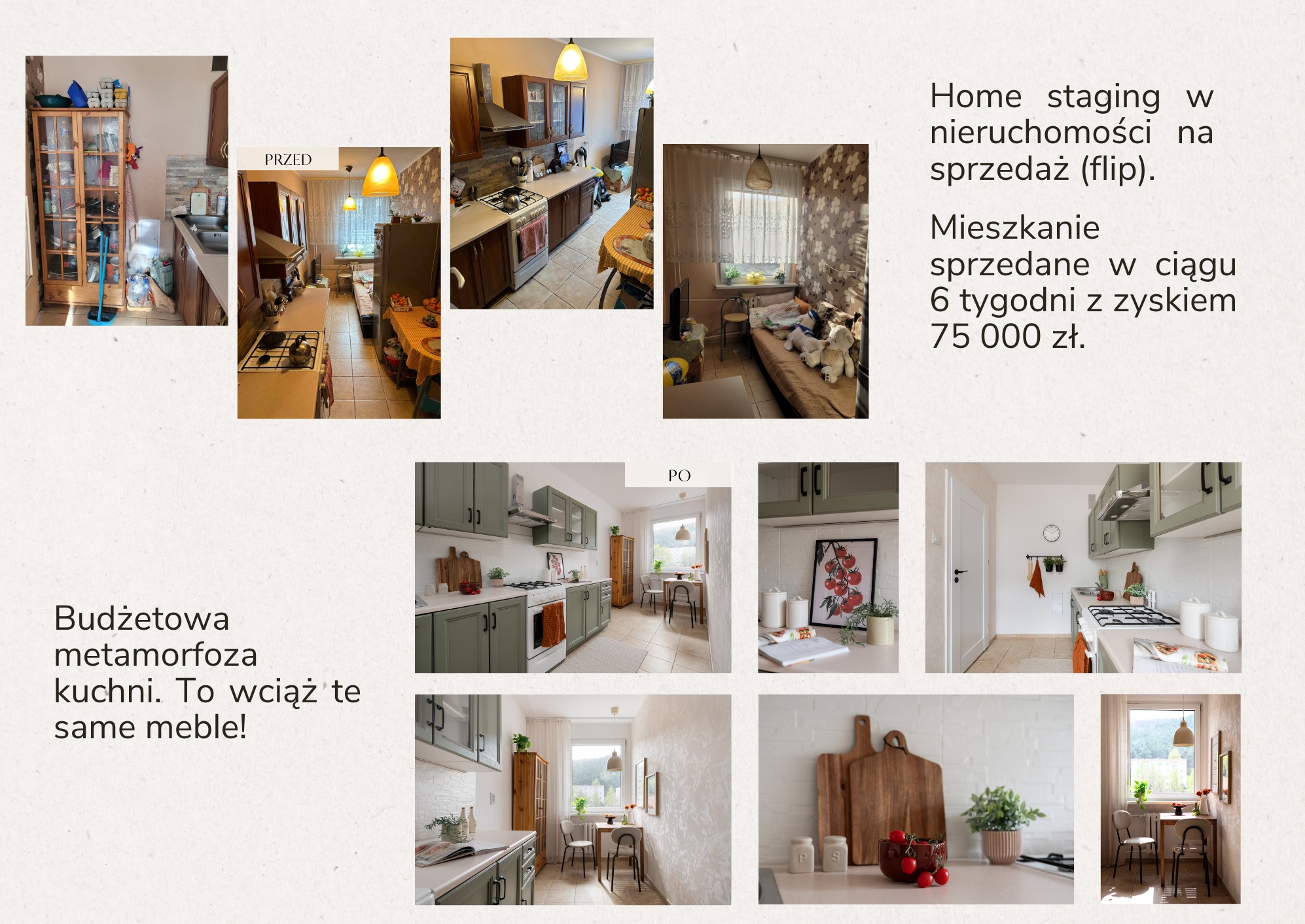 Metamorfoza kuchni przed i po home stagingu. Budżetowa renowacja z wykorzystaniem tych samych mebli. Jasne, odświeżone wnętrze po liftingu.