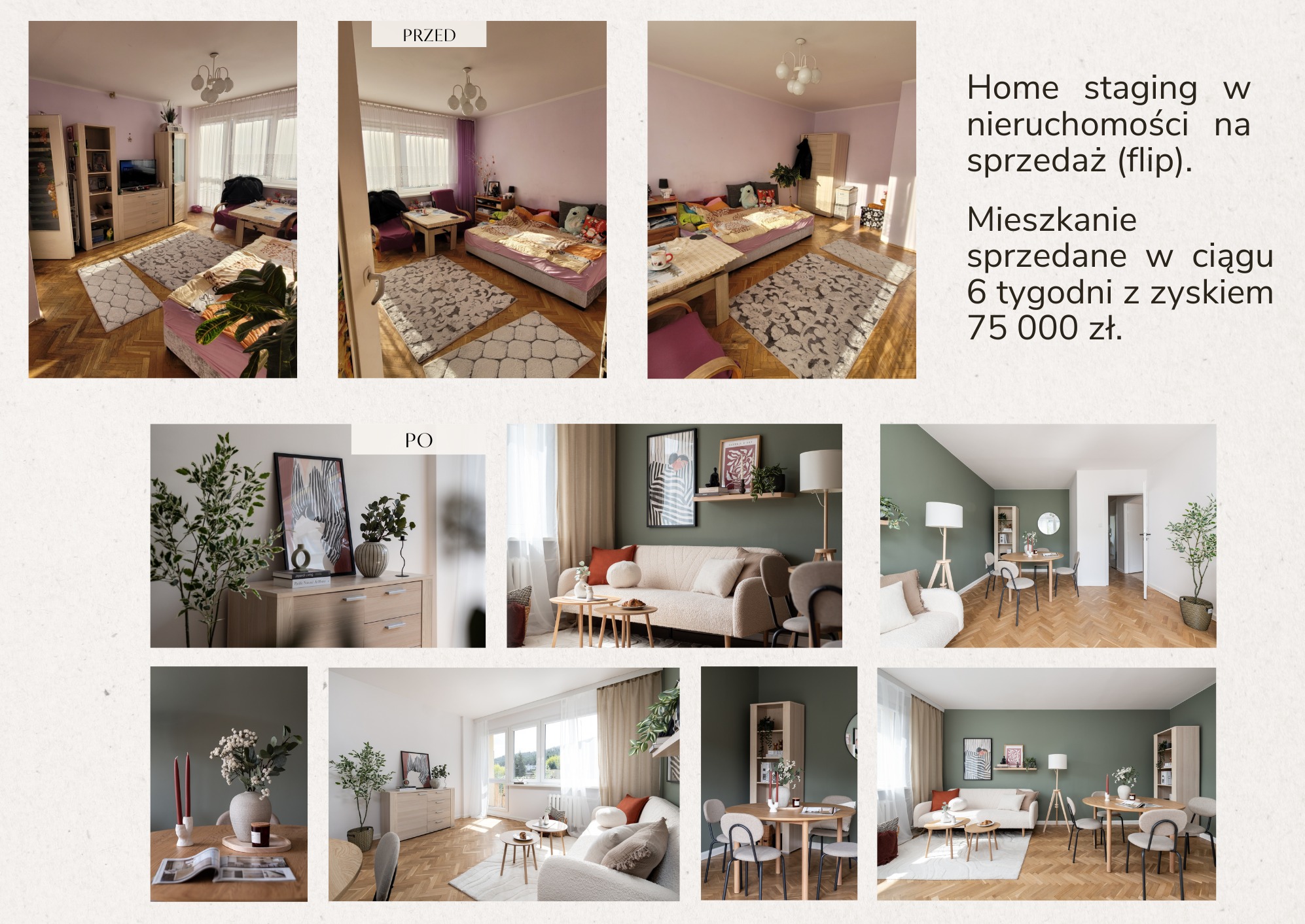 Home staging: kolaż 'przed' i 'po' prezentujący metamorfozę wnętrza mieszkania, od stanu pierwotnego do odświeżonej aranżacji z zielonymi ścianami i nowymi meblami.