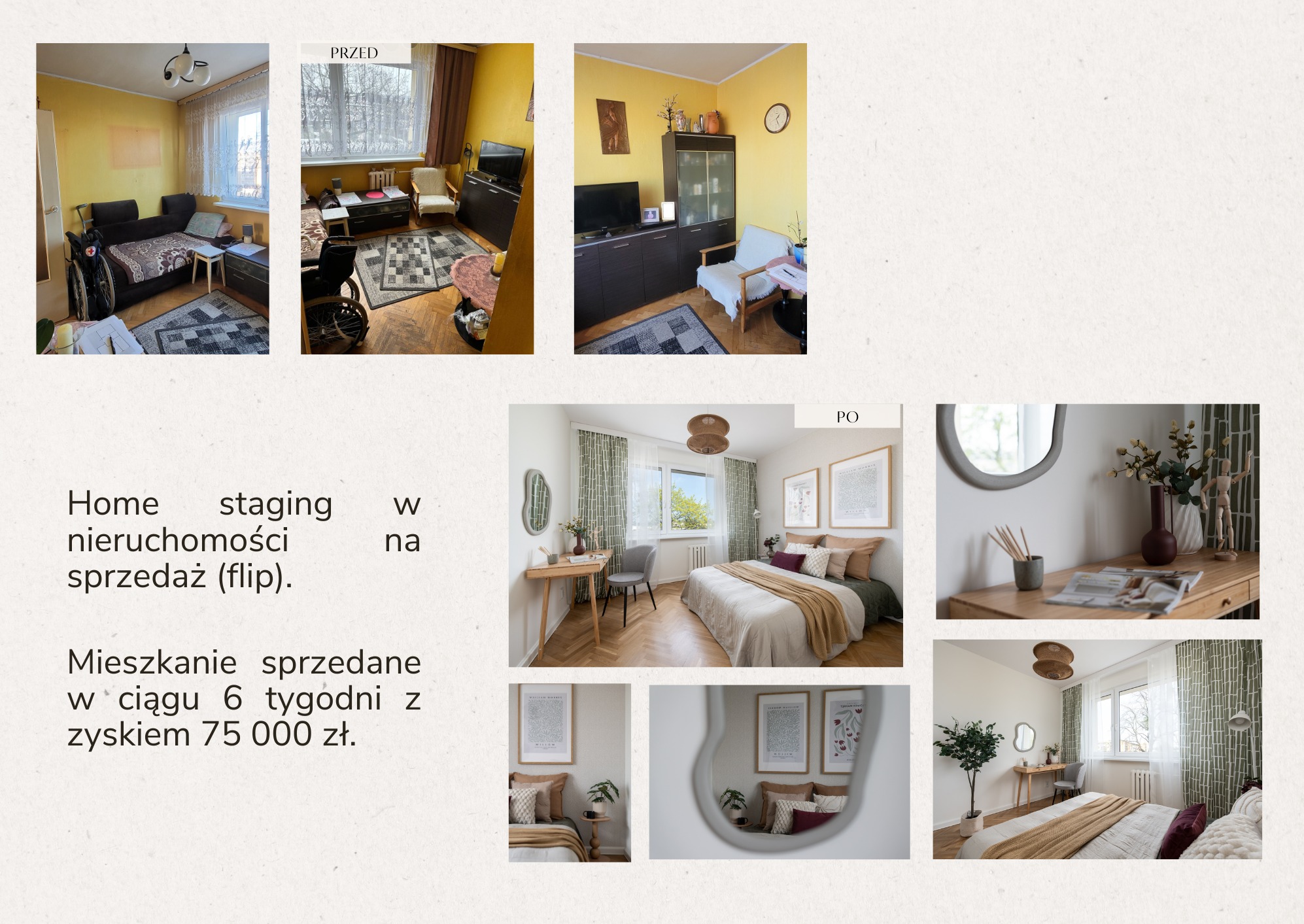 Home staging sypialni: kolaż zdjęć 'przed' - zagracone, żółte wnętrze, i 'po' - odświeżona, jasna sypialnia z biurkiem i dodatkami w stylu skandynawskim.