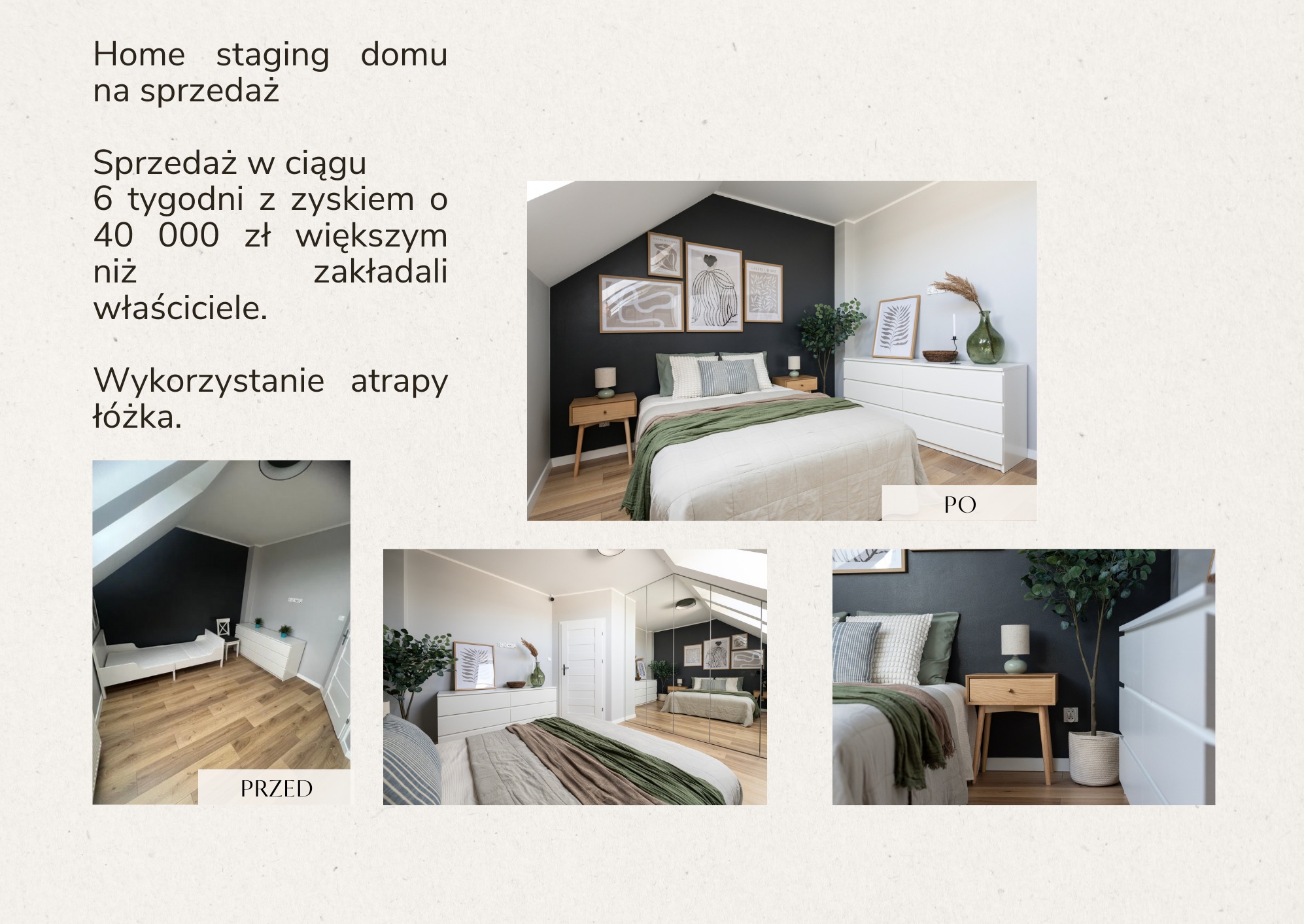 Home staging sypialni na poddaszu: metamorfoza 'przed' i 'po'. Ciemna ściana za łóżkiem, minimalistyczne dekoracje, jasne meble. Zysk ze sprzedaży w 6 tygodni.