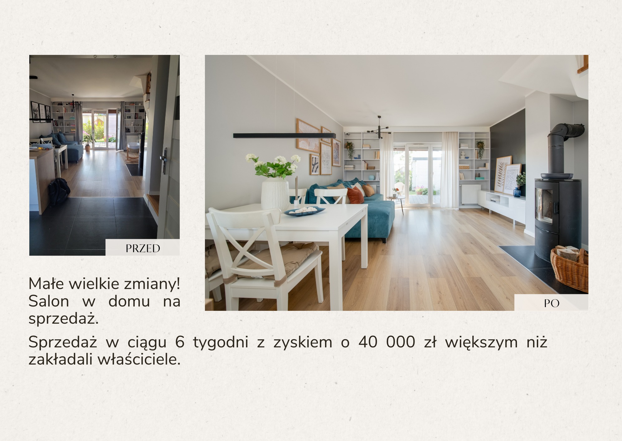 Salon po liftingu: jasne drewno, białe meble, turkusowa sofa, kominek. Zdjęcie 'przed i po' ukazuje metamorfozę wnętrza, gotowego na sprzedaż.