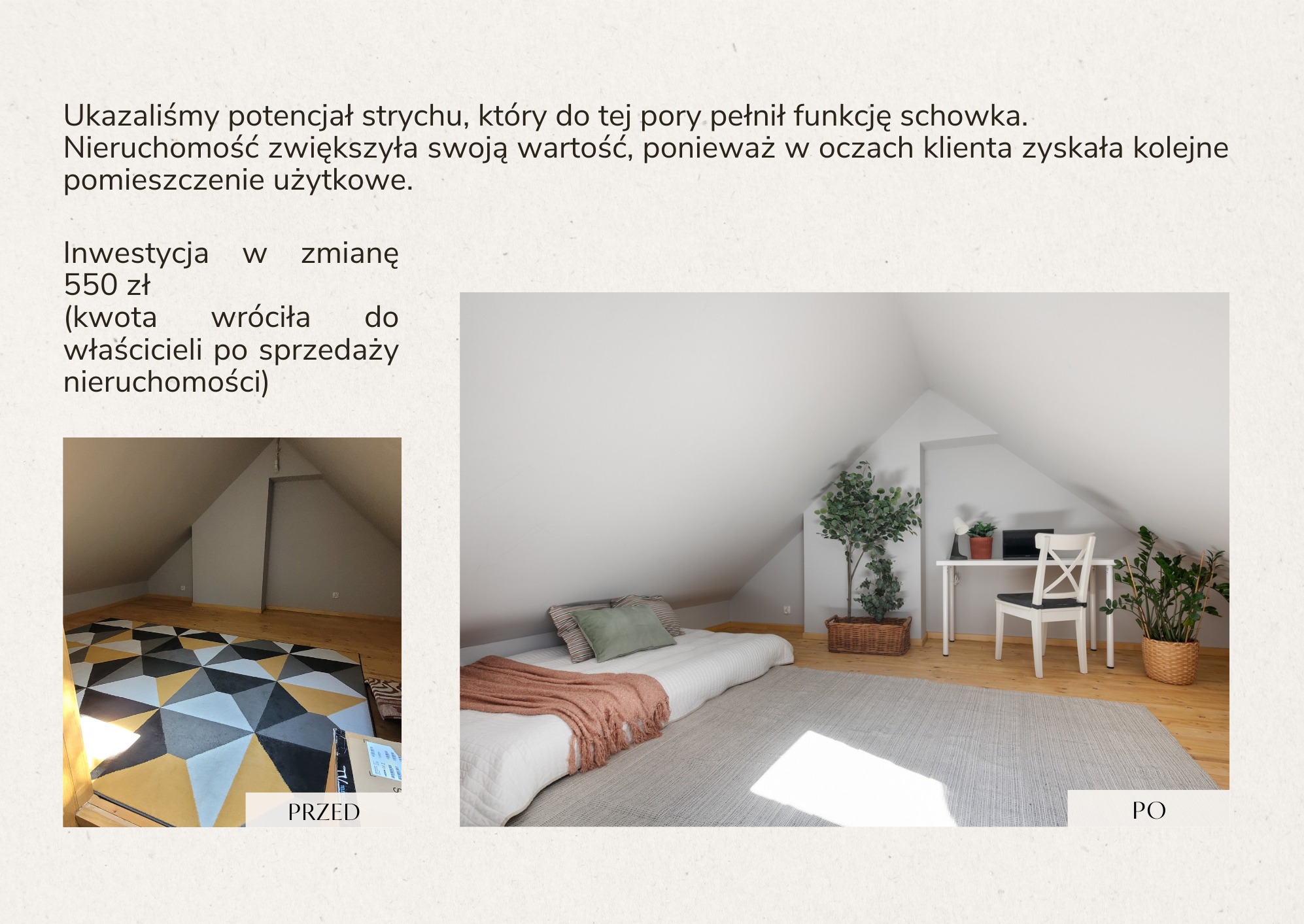 Strych przed i po metamorfozie: od schowka do funkcjonalnego pokoju. Po lewej dywan geometryczny, po prawej białe biurko, krzesło i rośliny doniczkowe.