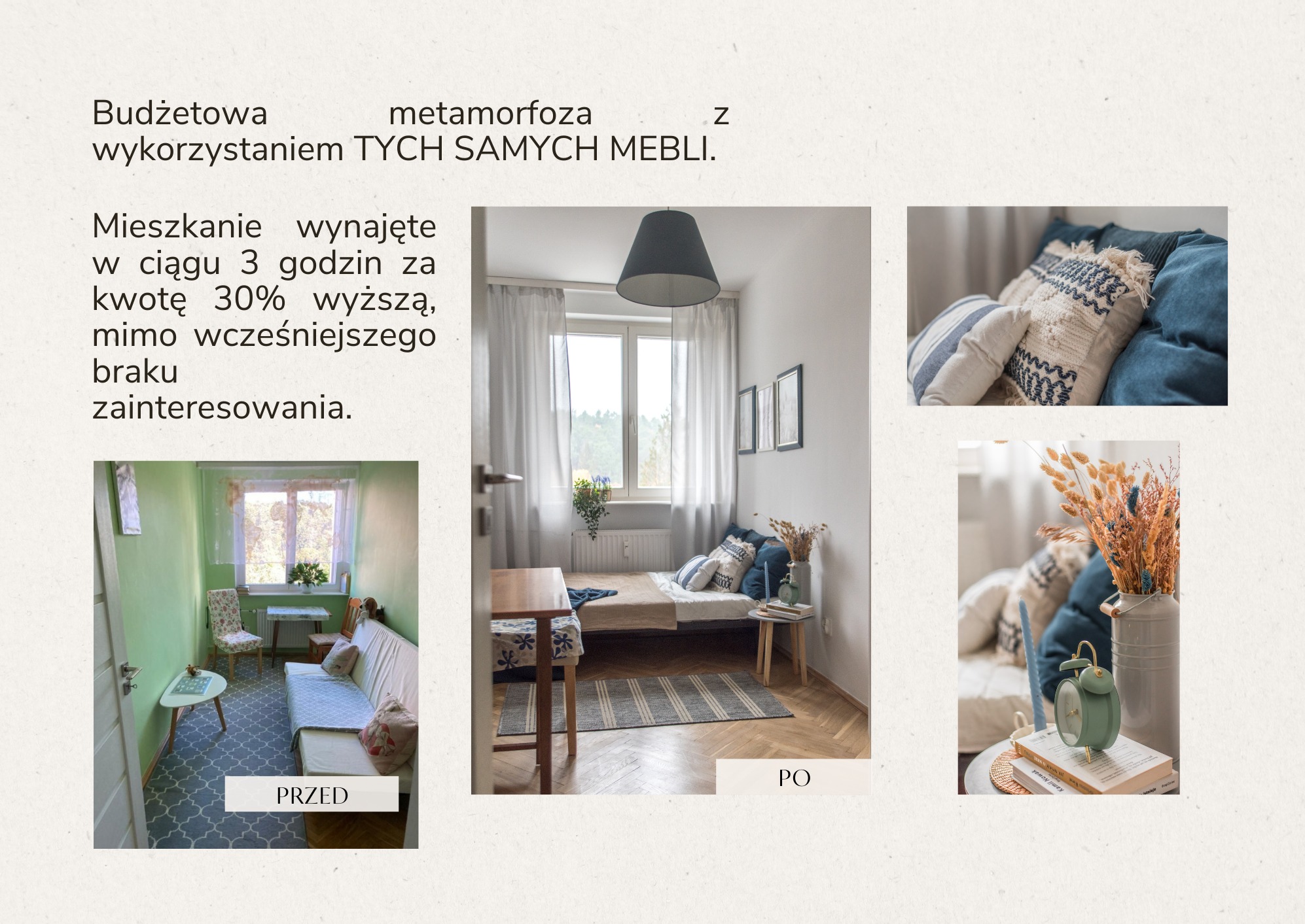 Metamorfoza wnętrza z wykorzystaniem tych samych mebli. Układ 'przed' i 'po' prezentuje odświeżony pokój z nowymi dekoracjami i jaśniejszą kolorystyką.