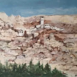 Pejzaż olejny przedstawiający zabudowania w górach, utrzymany w ciepłych brązach i beżach, z zielonymi drzewami w dolnej części i błękitnym niebem u góry, z wyraźnymi pociągnięciami pędzla...